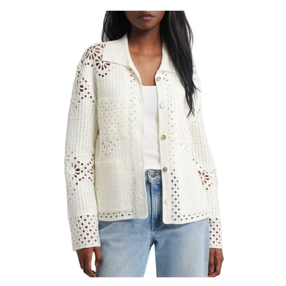 Rails Crochet Cardigan Women M Ivory Open Knit Boho Coastal Cottagecore Feminine